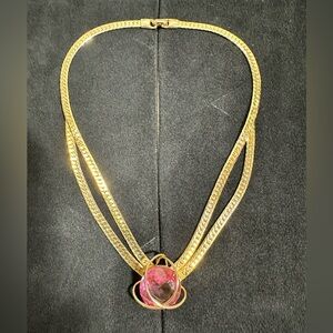 NOS/ Vtg Gold Plated Pink Glass Teardrop Herringbone Collar Necklace